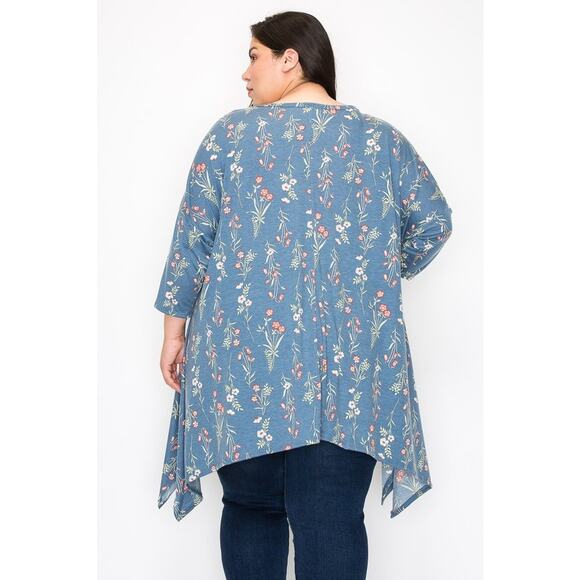 051 Curvy Lovey Flower Print Side Drape Tunic Top in Blue - Picture 3 of 5